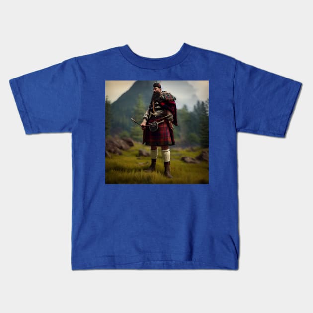 Scottish Highlander in Clan Tartan Kids T-Shirt by Grassroots Green